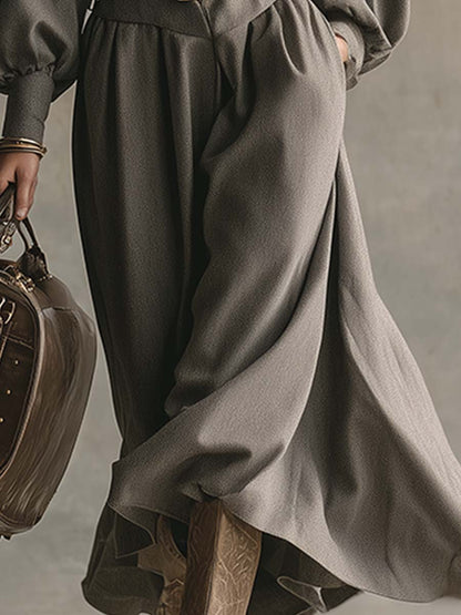 Maxi Robe en Laine Grise : Élégance et Sophistication avec Col Revers