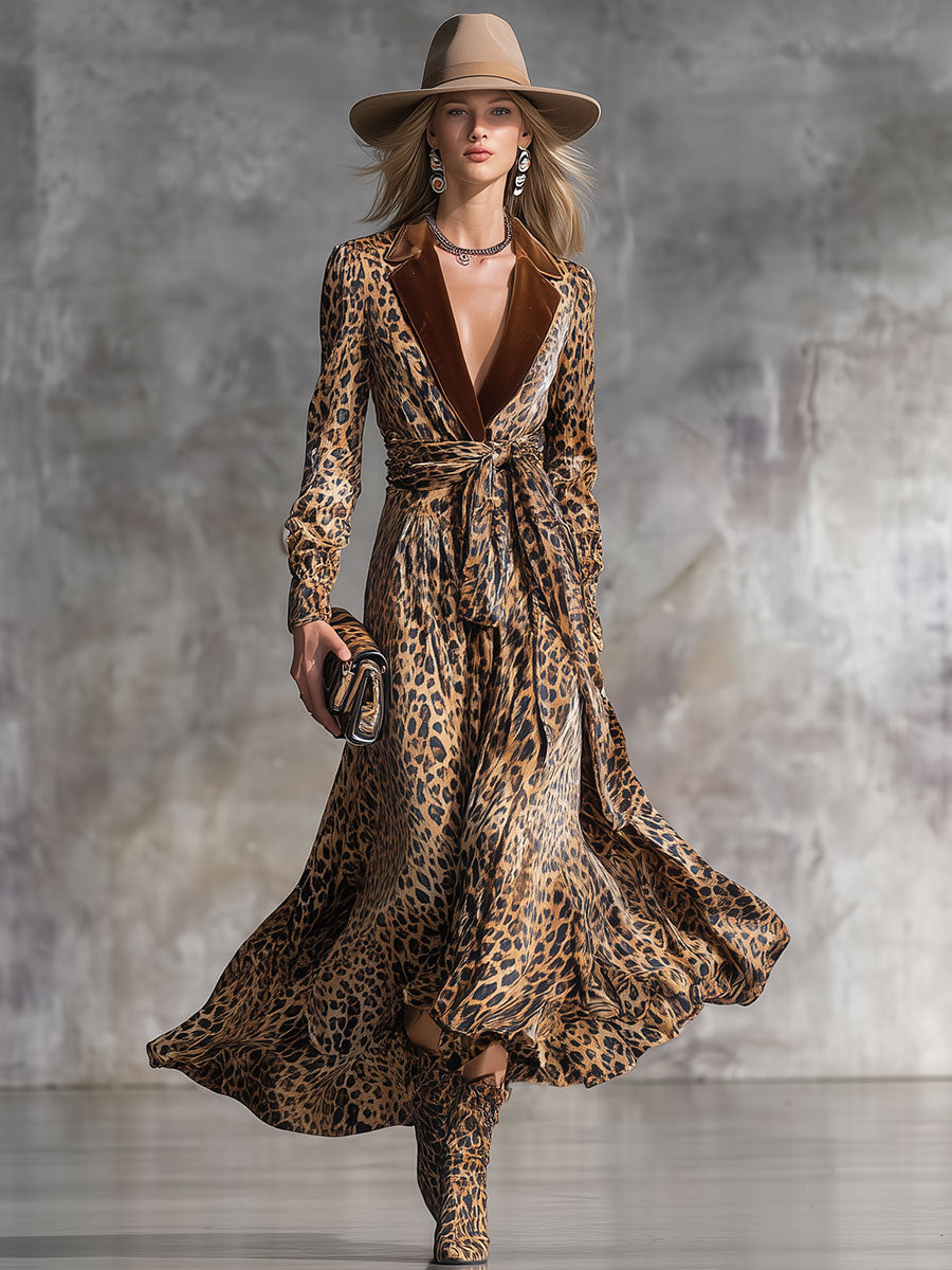 Robe Midi en Velours à Imprimé Léopard Vintage avec Col Revers