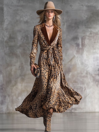 Robe Midi en Velours à Imprimé Léopard Vintage avec Col Revers