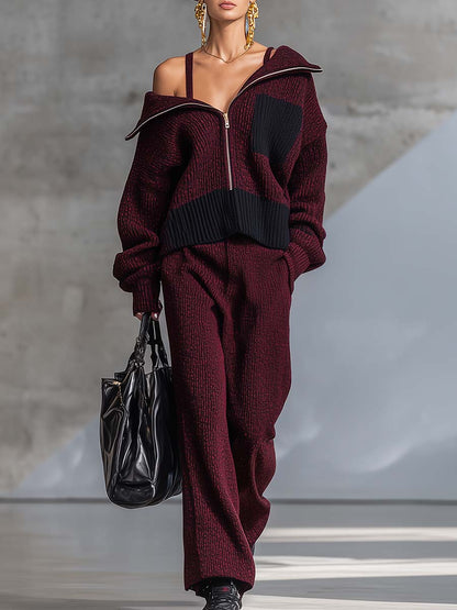 Ensemble Tricot Bordeaux Élégant : Veste Zippée, Col Chic, Top Convertible et Pantalon