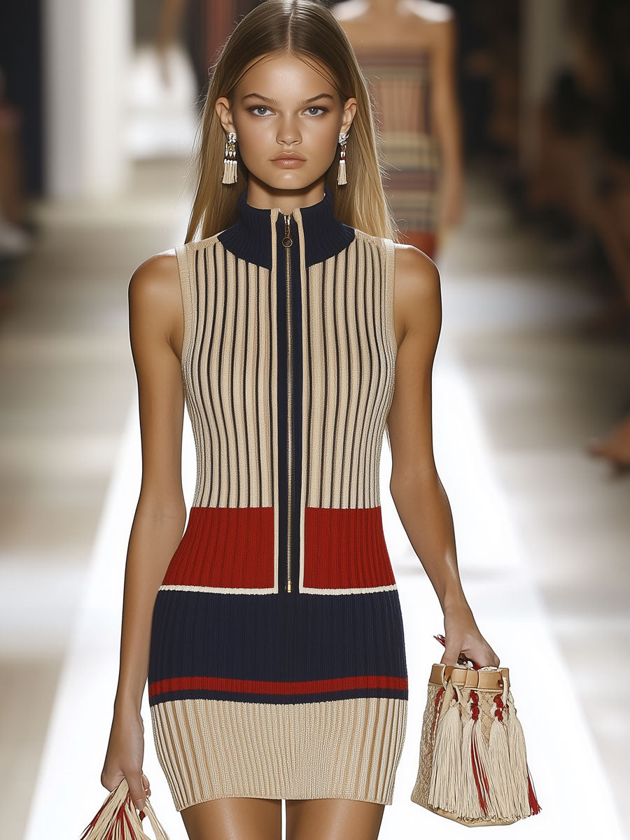 Robe Mini Sans Manches en Tricot à Rayures Contrastées – Style Rétro Décontracté, Expédition Rapide en 24h