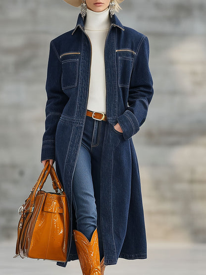 Veste en Denim Bleu Marine à Demi-Zip au Style Rétro Décontracté