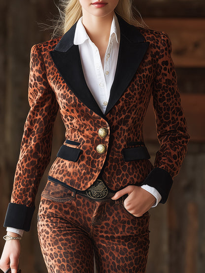 Ensemble Veste et Pantalon en Suédine Marron avec Imprimé Léopard au Style Western Vintage