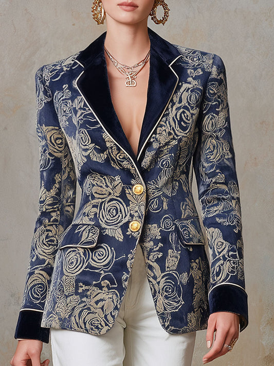 Blazer en velours rétro à imprimé rose avec couture contrastée