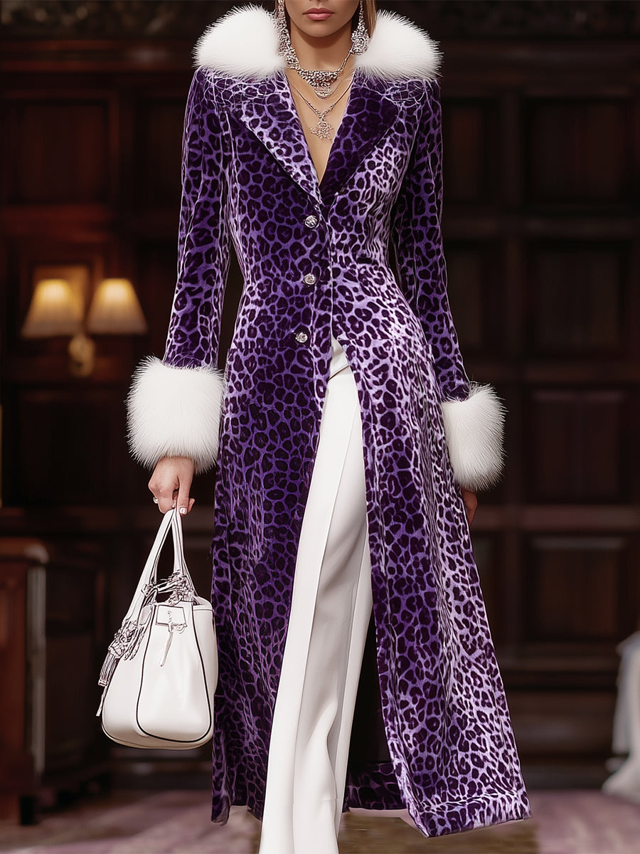 Long Velvet Leopard Coat in Purple with Faux Rabbit Fur