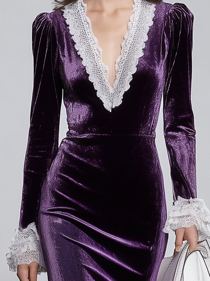 Robe Midi Violet à Encolure en V avec Éléments en Dentelle Blanche