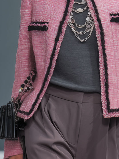 Veste Chic en Tissu Texturé avec Détails en Métal et Col Rond