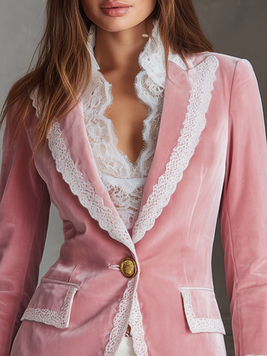 Veste Casual en Velours à Bouton Unique avec Revers