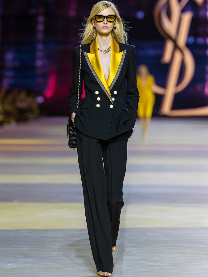 Éblouissant Costume Noir Moderne avec Col Contrasté et Double Boutonnage