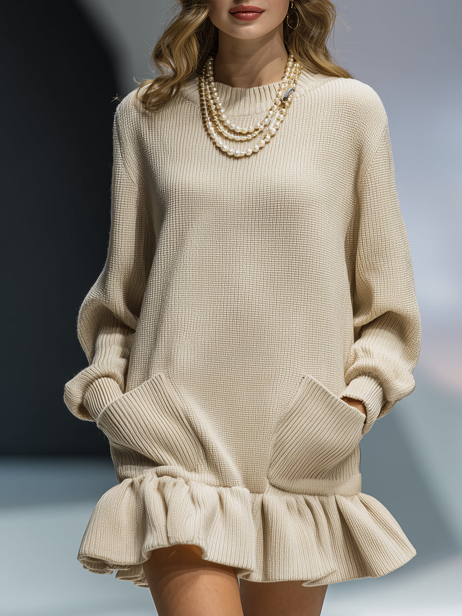 Robe Mini Tricotée en Khaki Léger avec Finition Volante