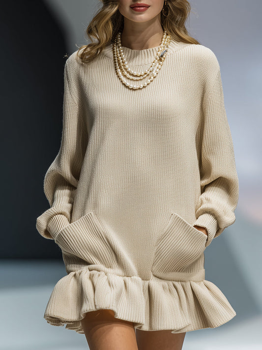 Robe Romantique Khaki Clair à Volants en Tricot Mini