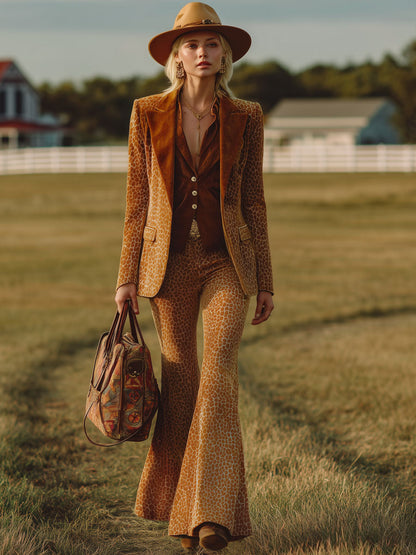 Blazer Imprimé Léopard Orange au Style Western Rétro avec Pantalons Évasés