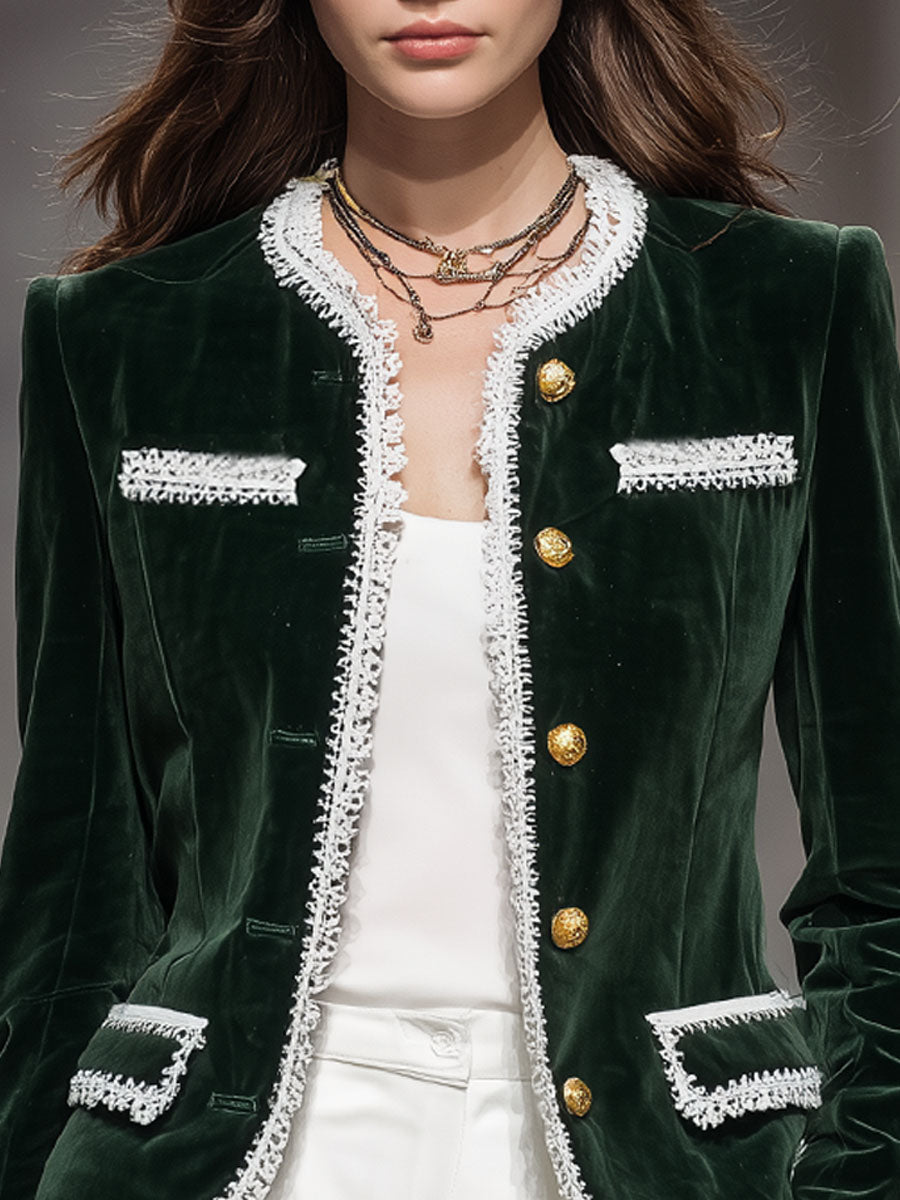 Veste en Velours Élégante à Col Ronde, Boutonnage Pratique et Poches Multiples