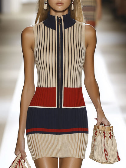 Robe Mini Sans Manches en Tricot à Rayures Contrastées - Style Rétro Chic, Expédition Rapide sous 24h!