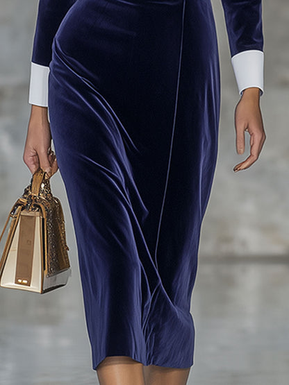 Robe Midi en Velours Bleu Élégante avec Col Contrasté et Double Boutonnage - Chic Rétro