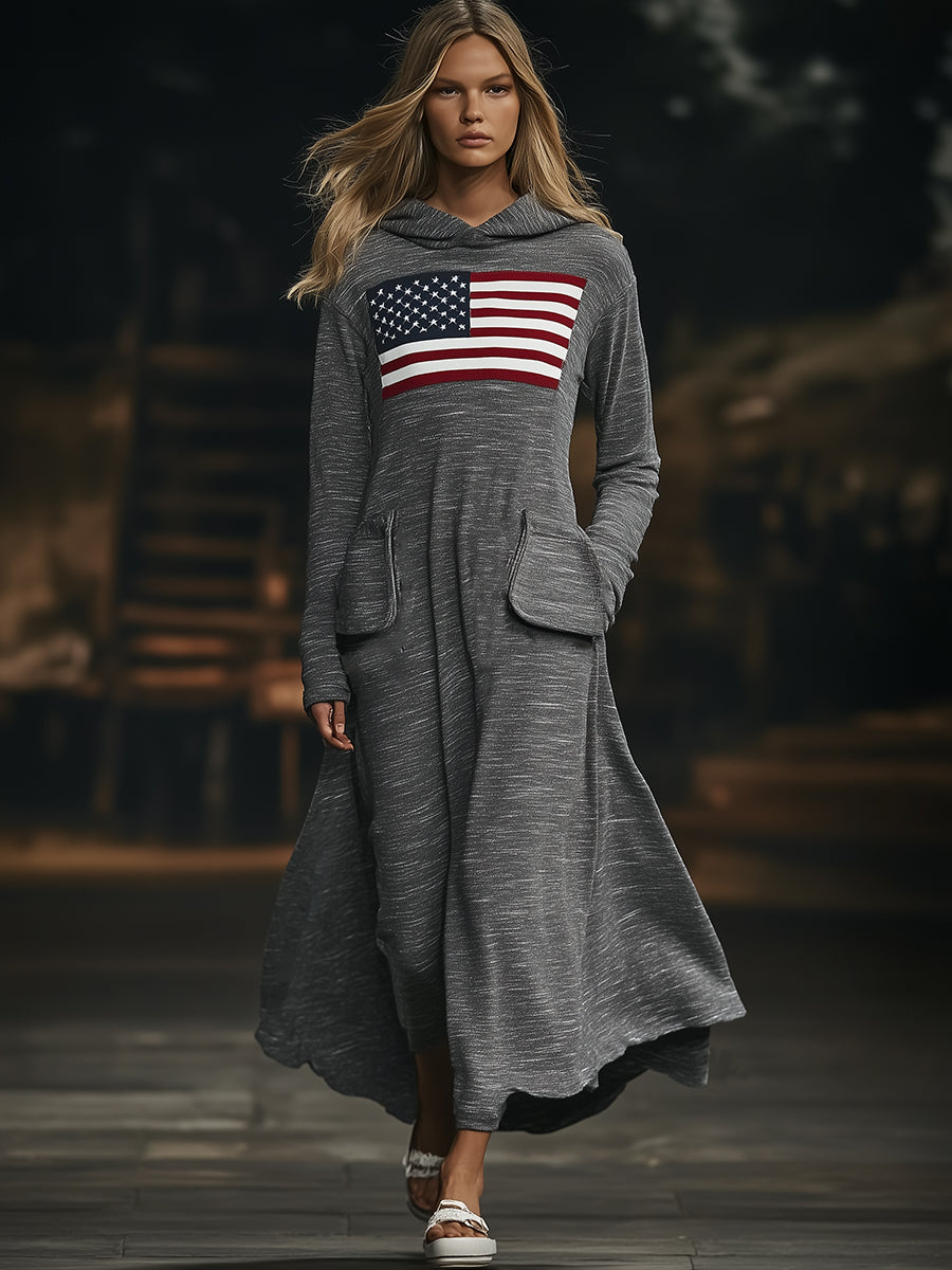 Robe Maxi à Capuche Gris Foncé avec Design de Drapeau Personnalisé