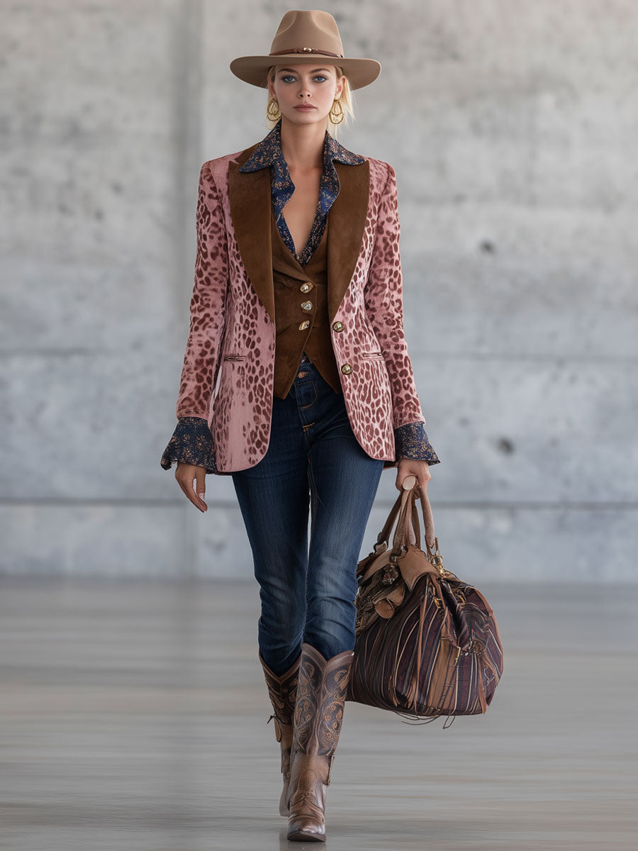 Veste en Velours Rose à Imprimé Léopard - Chic Rétro Urbain avec Revers Marron