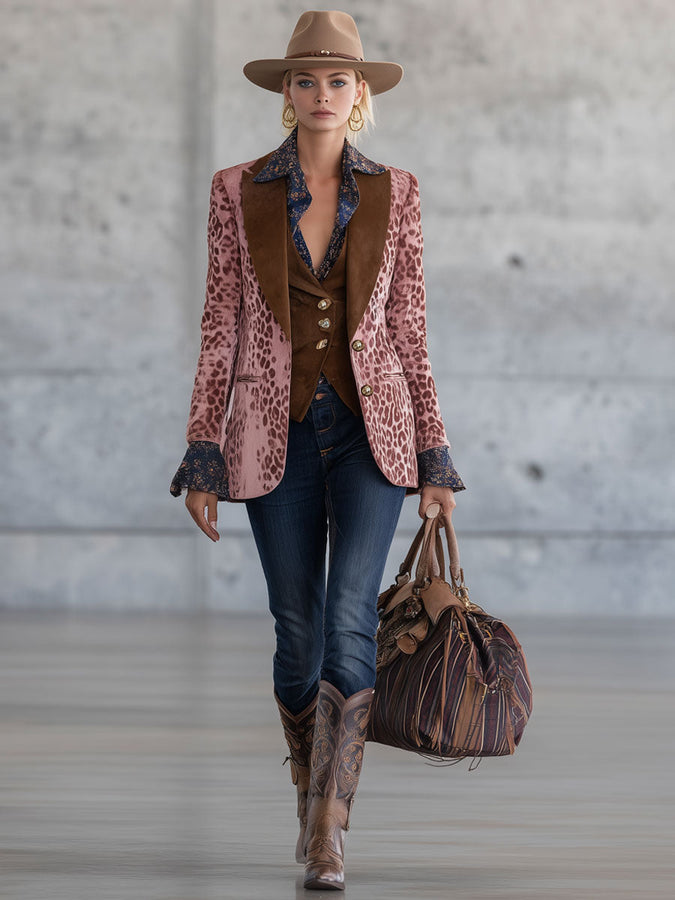 Blazer en Velours Rose à Imprimé Léopard : Élégance Urbaine Rétro avec Détails Marron