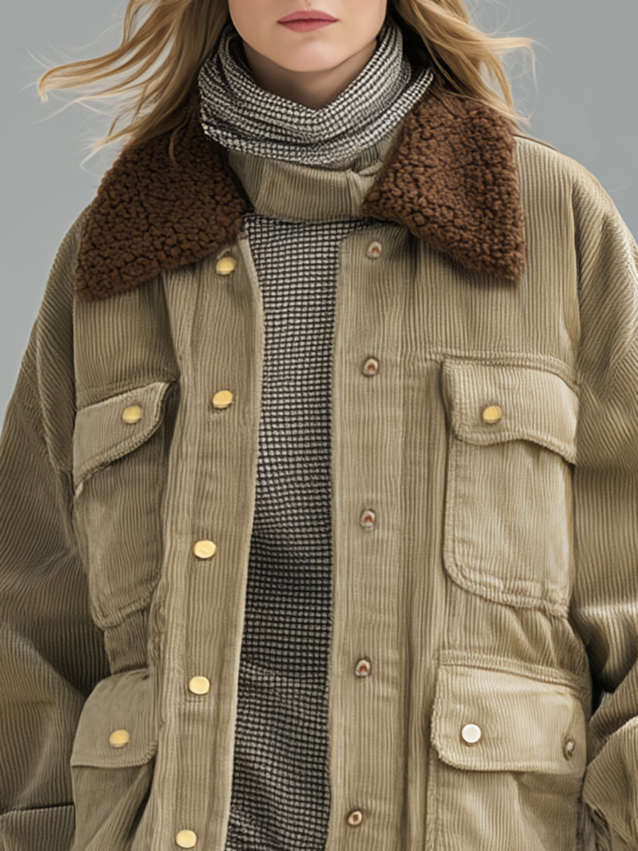 Veste Vintage en Velours Côtelé Marron avec Revers en Laine d'Agneau Kaki et Poches Pratiques