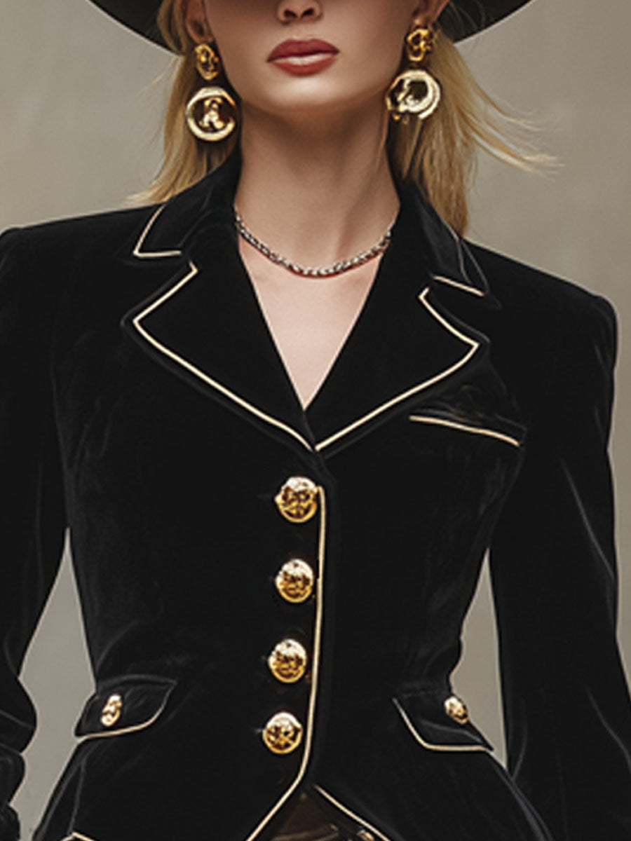 Blazer Velours Noir Cintré avec Col Cranté et Détails Dorés