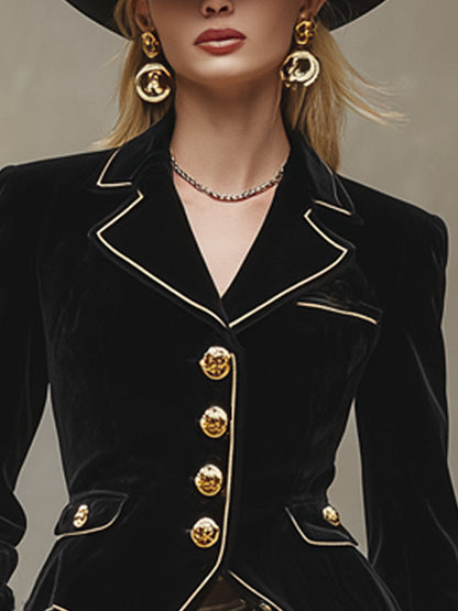 Blazer Velours Noir Cintré avec Col Cranté et Détails Dorés
