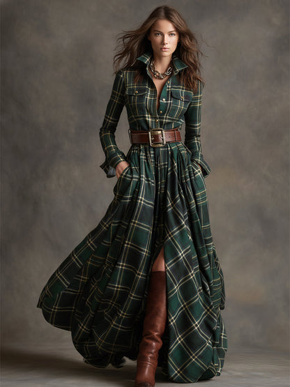 Robe Maxi Ethnique Rétro à Motifs Carreaux Marron et Rouge