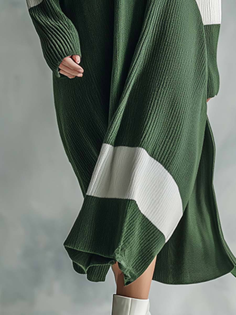 Élégante Robe Maxi Tricotée Verte à Col Montant avec Détails Contrastés
