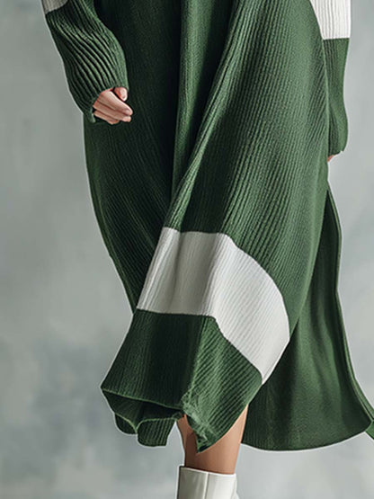 Élégante Robe Maxi Tricotée Verte à Col Montant avec Détails Contrastés