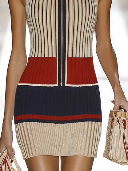 Robe Mini Tricot Sans Manches à Rayures Contrastées - Style Rétro Décontracté, Expédition Rapide sous 24h
