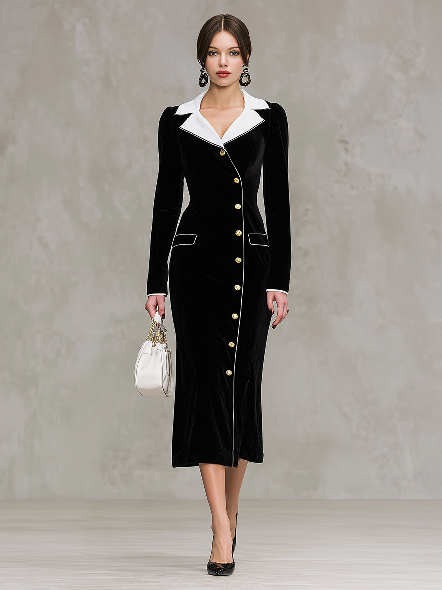 Maxi Robe en Velours Noir Élégante avec Détails en Col Blanc