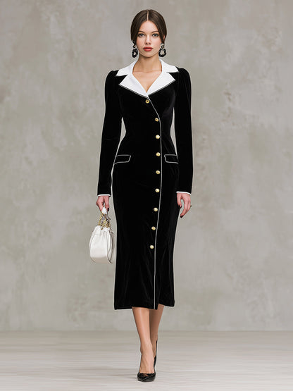 Maxi Velour Robe Noir avec Col Blanc Élégant et Détails Contrastants