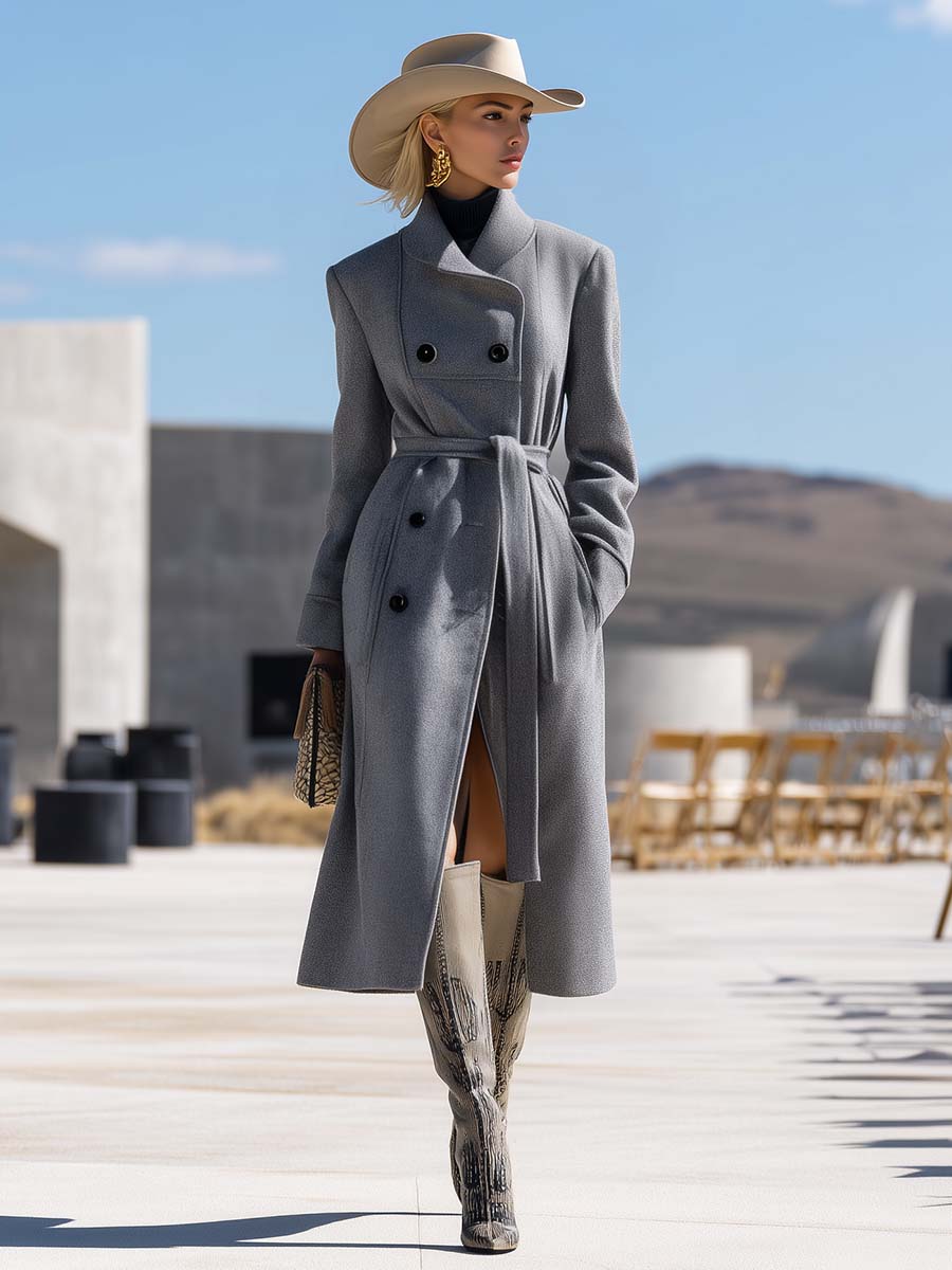 Veste en Laine Grise à Double Boutonnage avec Cravate - Élégance et Style Audacieux