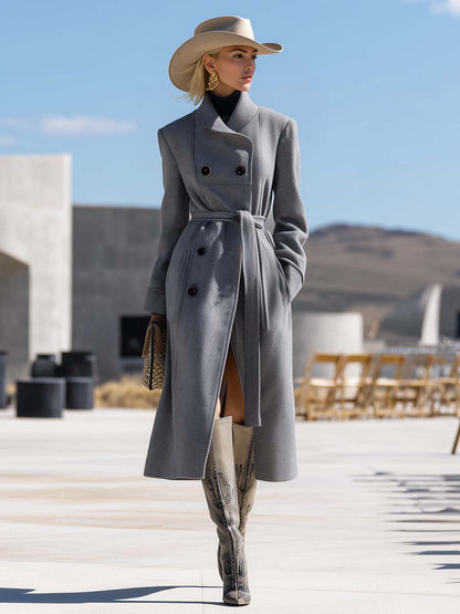 Veste en Laine Grise à Double Boutonnage avec Cravate - Élégance et Style Audacieux