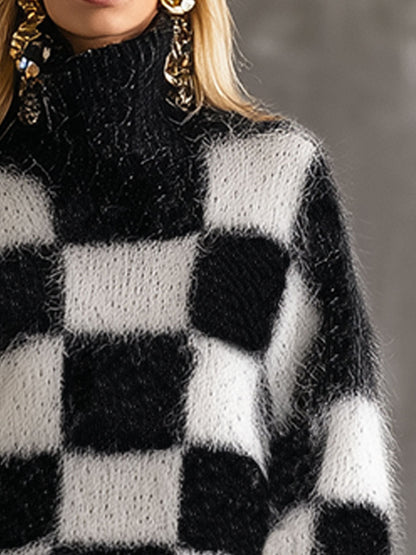 Pull Rétro à Col Roulé à Carreaux Noir et Blanc - Style Décontracté