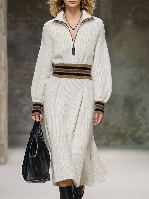 Robe Midi Tricotée Blanche à Rayures Vintage - Style Décontracté