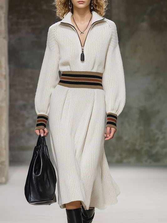 Robe Midi Rétro Rayée en Tricot Blanc – Style Décontracté