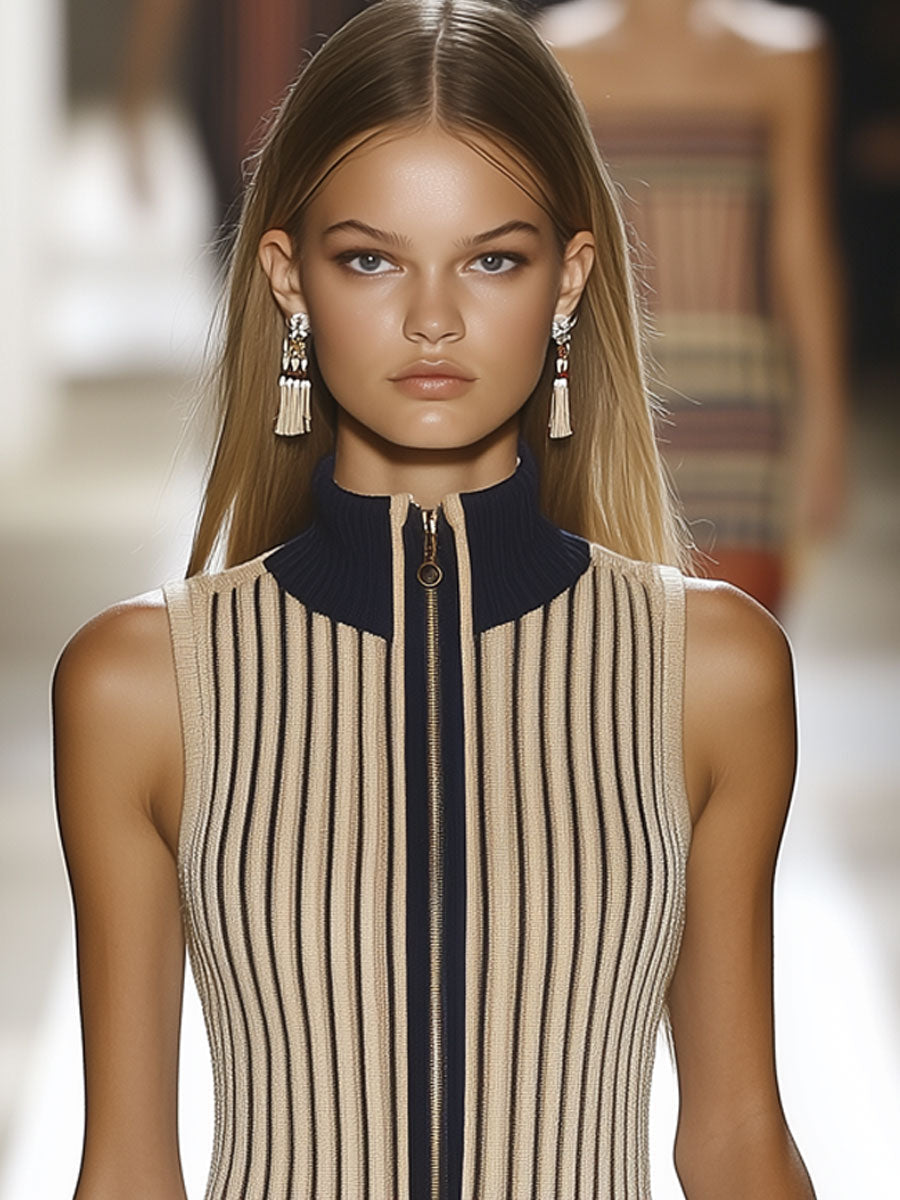 Robe Mini Tricot Sans Manches à Rayures Contrastées - Style Rétro Décontracté, Expédition Rapide sous 24h