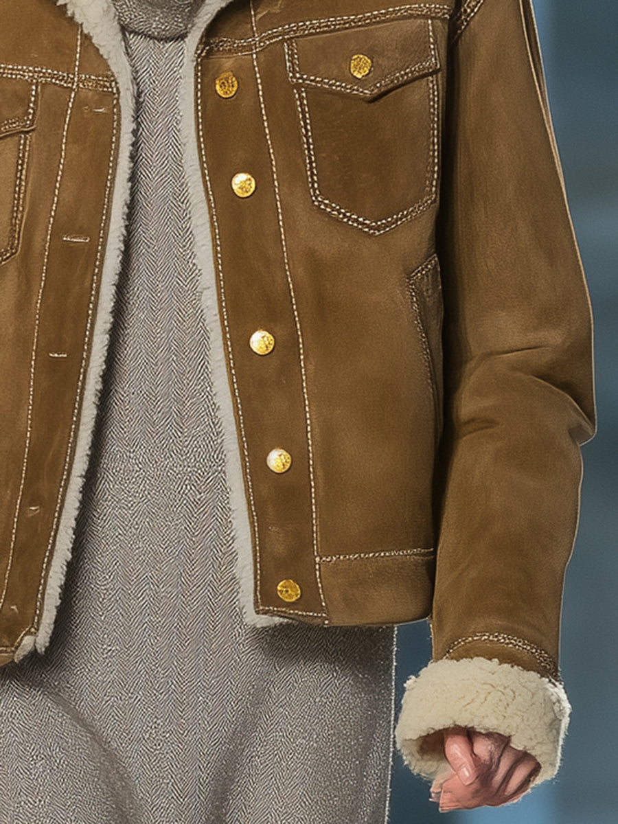 Veste Vintage en Simili Agneau Brun avec Col Élégant