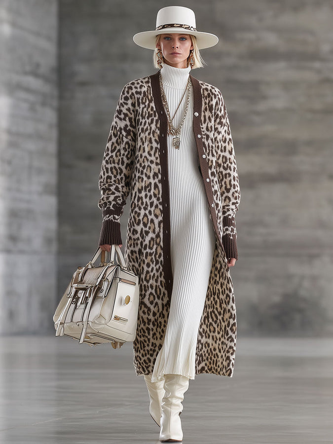 Cardigan Retro en Tricot Léopard Marron : Élégance et Style