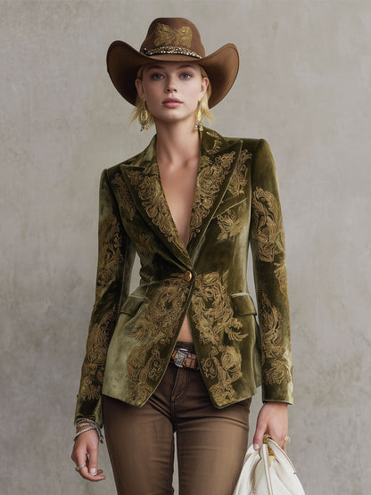 Veste décontractée en velours à motifs floraux rétro à un bouton