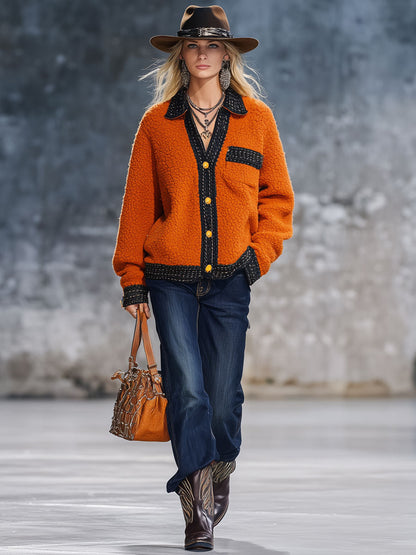 Veste en polaire orange avec bordure en ruban - Chic nomade urbain rétro
