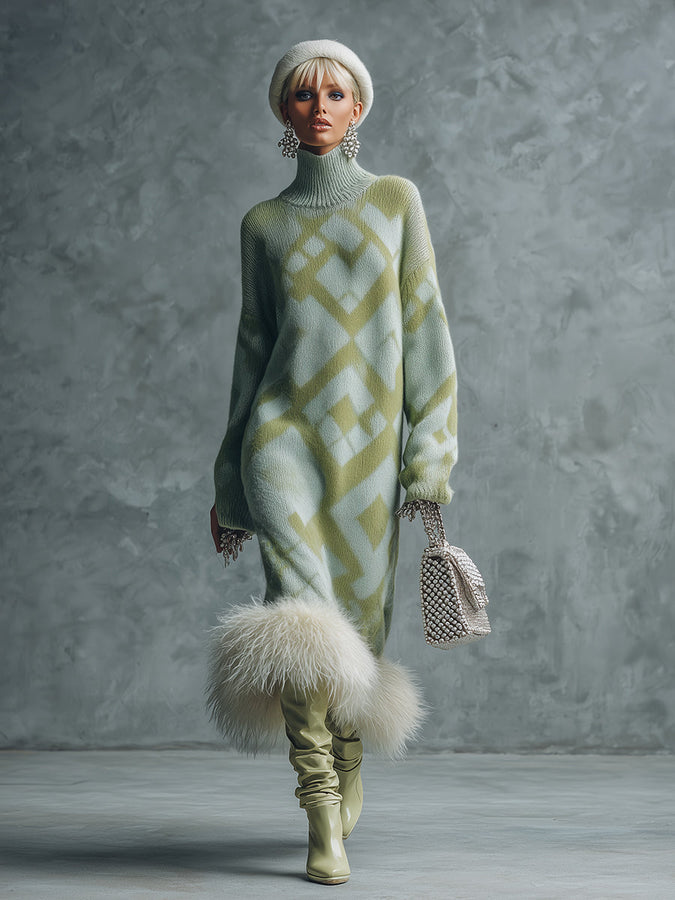 Robe Maxi Tricotée Verte Élégante à Manches Longues avec Ourlet en Fausse Fourrure Luxueuse