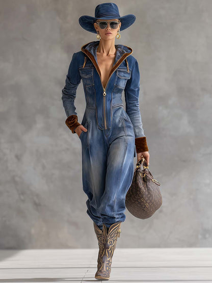 Veste Vintage Western en Velours Denim Bleu - Jumpsuit Décontracté à Capuche et Col en V Zippé