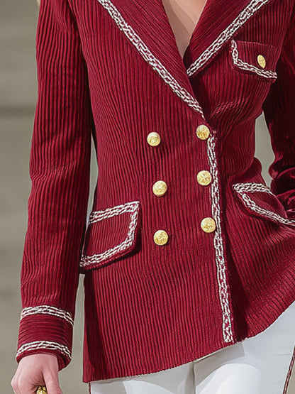 Blazer en velours côtelé décontracté à double boutonnage avec bord contrasté