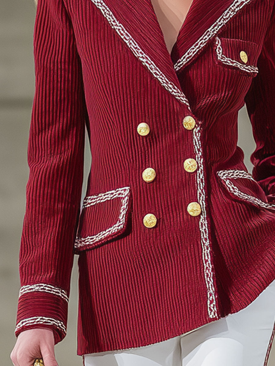 Veste en velours côtelé à col décontracté, double boutonnage et finitions contrastées