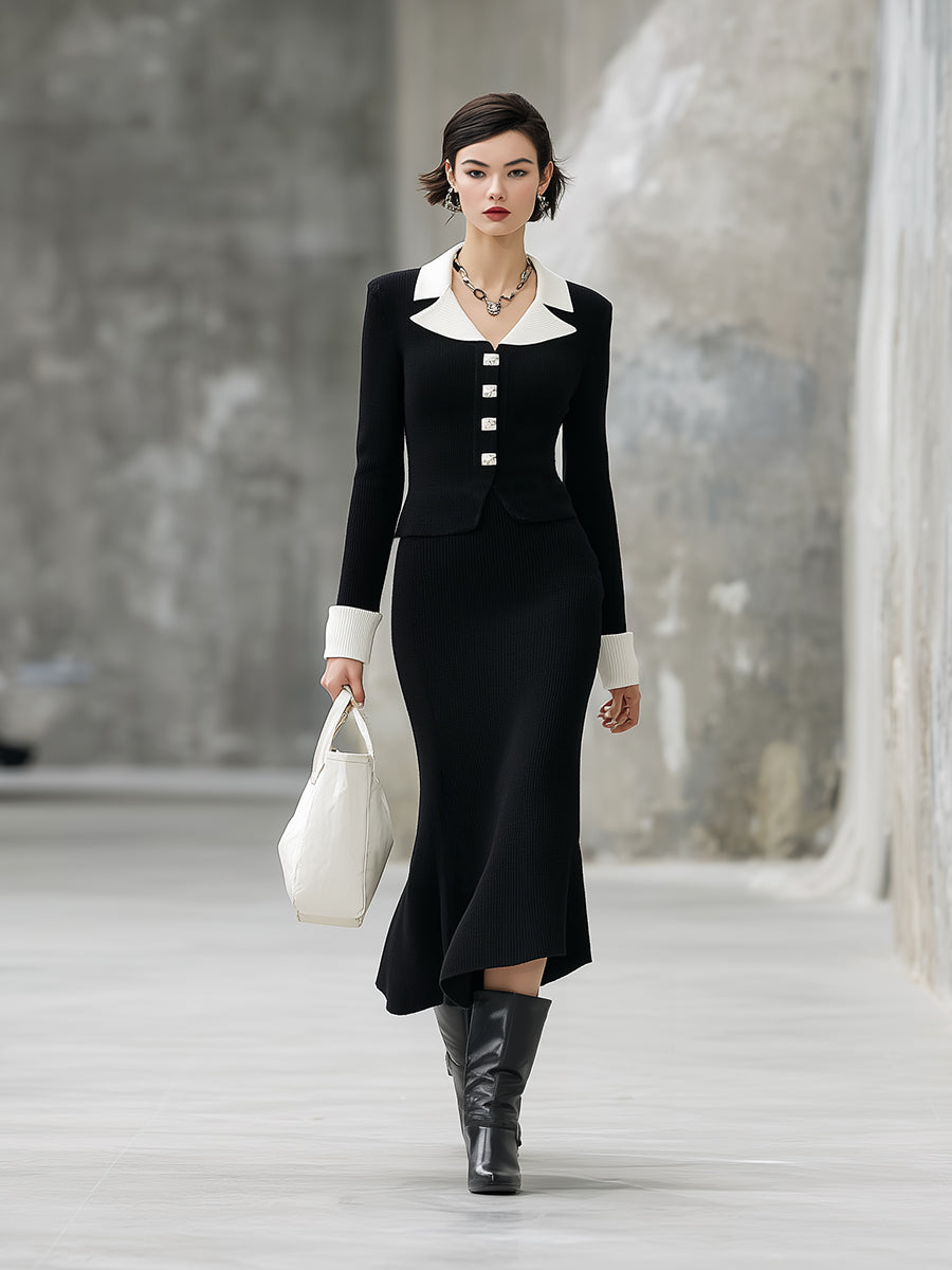 Trendy Noir Knit Cardigan and Buttoned White Skirt Set