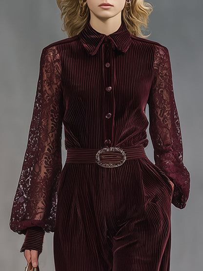 Combinaison Rétro en Velours Côtelé Rouge Vin à Manches Longues