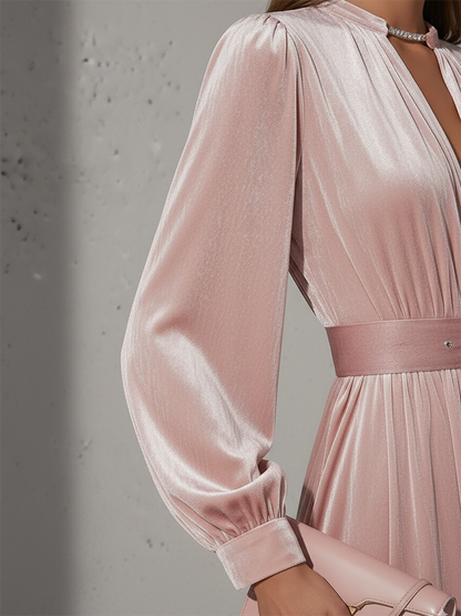 Robe Maxi en Velours Chic Rétro avec Col Ronde et Manches Longues