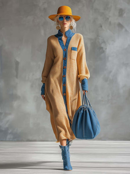 Maxi Cardigan en Denim Tricoté : Élégance Évasée et Tendance