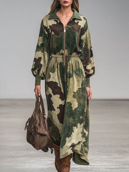 Robe Maxi en Suédine Camouflage à Col Zippé - Style Sportif Rétro